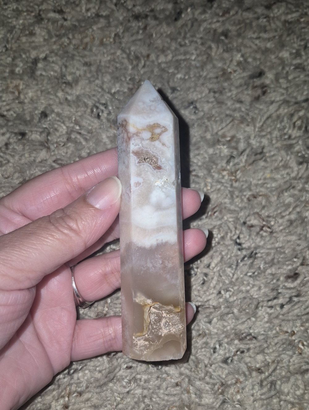 Polished Flower Agate Crystal Point Tower in Cream and Beige